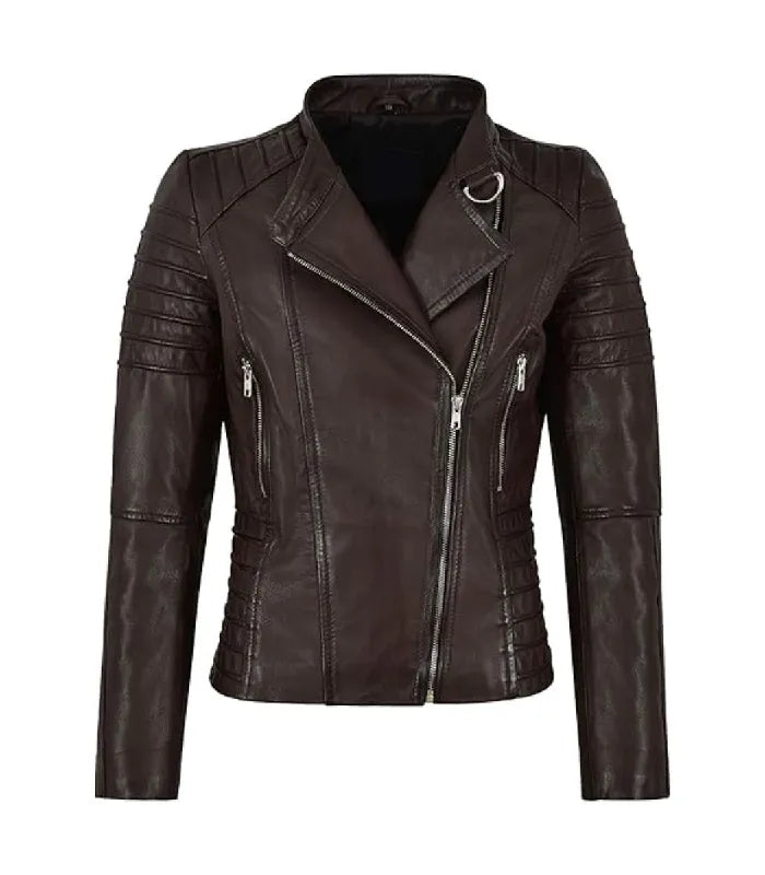 Front view of a Womens Dark Brown Quilted Leather Biker Jacket featuring an asymmetrical zipper closure, lapel collar with D-ring ring latch, channel-quilted shoulders, and zip side pockets.
