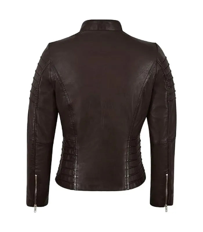 Rear view of a Womens Dark Brown Quilted Leather Biker Jacket showing structured back seam lines, horizontal waist stitching, and silver zippered wrist cuffs.