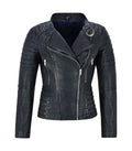 Front view of a Women's Dark Navy Quilted Leather Biker Jacket featuring an asymmetrical zipper closure, lapel collar with D-ring accent, channel-quilted shoulders, and zip side pockets.