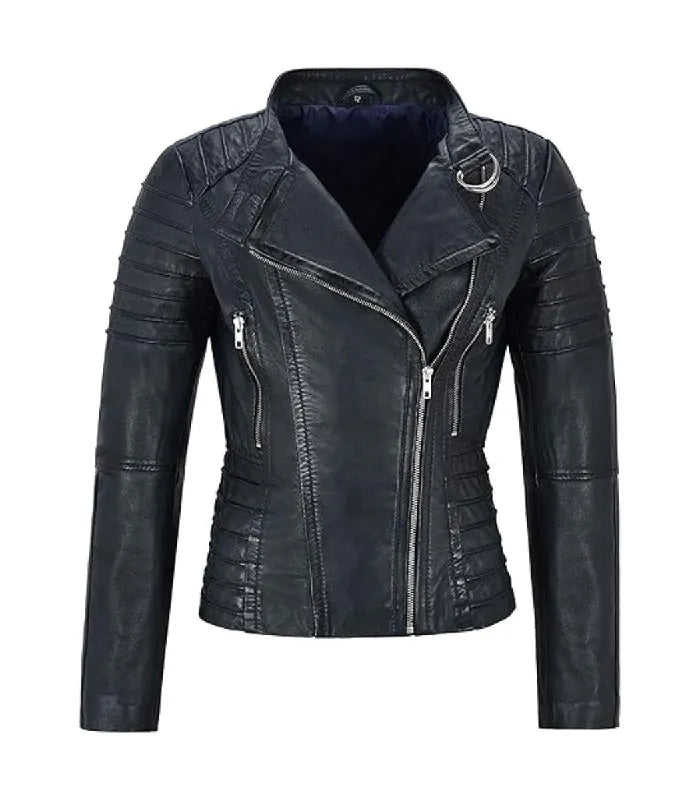 Front view of a Women's Dark Navy Quilted Leather Biker Jacket featuring an asymmetrical zipper closure, lapel collar with D-ring accent, channel-quilted shoulders, and zip side pockets.