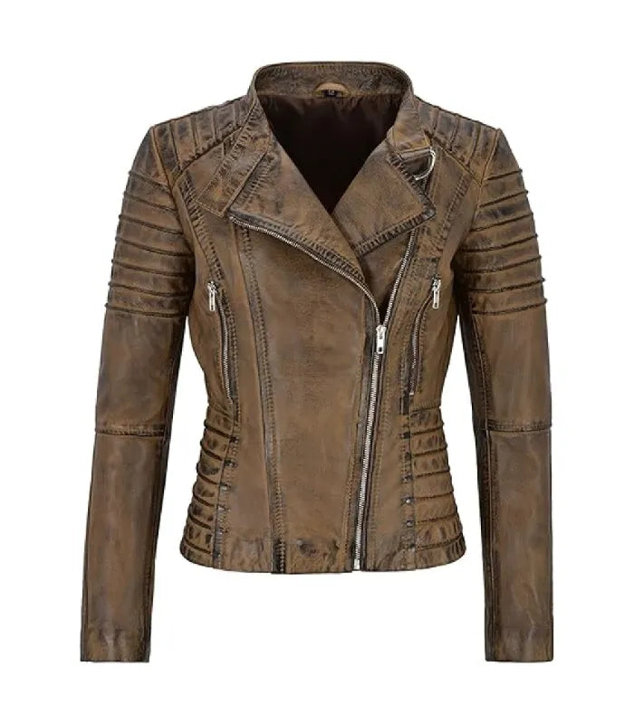 A distressed brown leather moto jacket with silver zippers and decorative stitching, shown on a plain white background.