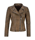 A distressed brown leather moto jacket with silver zippers and decorative stitching, shown on a plain white background.
