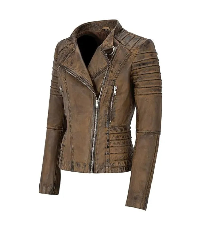A brown leather moto jacket with a distressed finish, featuring a split zip front, silver-tone hardware, and textured horizontal paneling on the shoulders and sides.