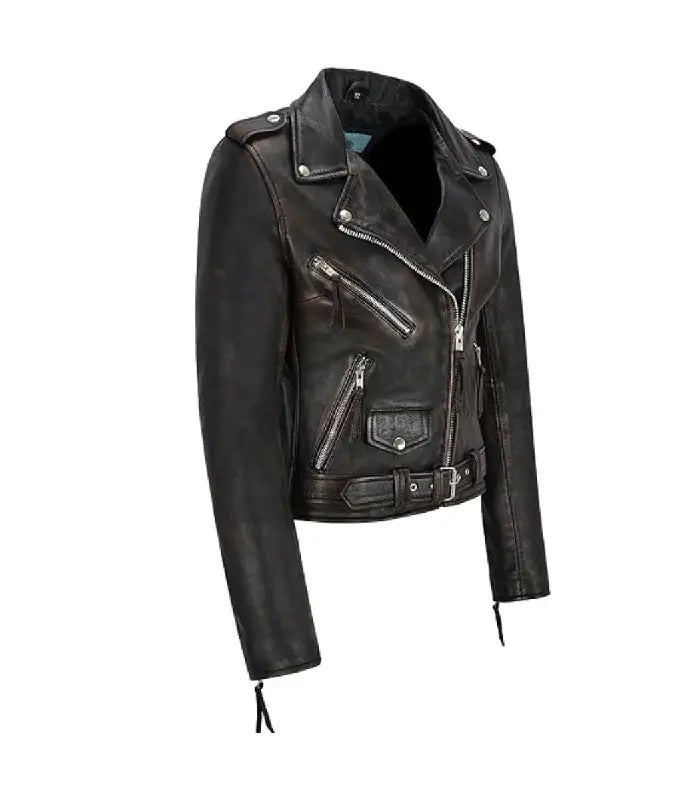 Womens Bronze Black Leather Biker Jacket angled front view with asymmetric zipper, snap collar, belt, and vintage finish