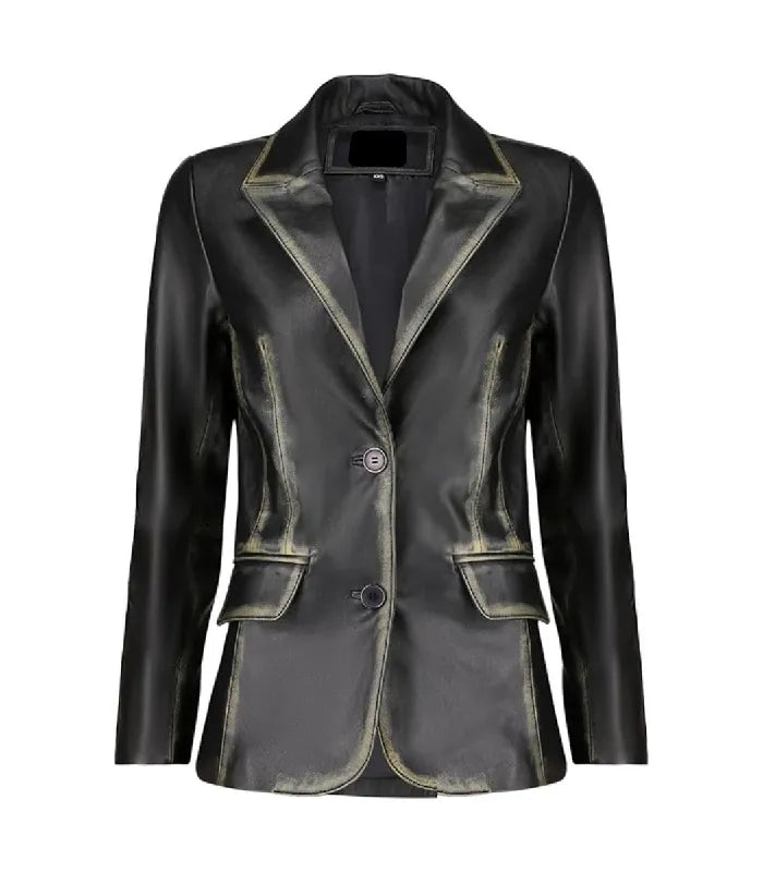 Front view of a Womens Distressed Black Leather Blazer featuring classic notch lapels, a two-button closure, and worn-edge detailing.