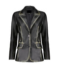 Front view of a Womens Distressed Black Leather Blazer featuring classic notch lapels, a two-button closure, and worn-edge detailing.