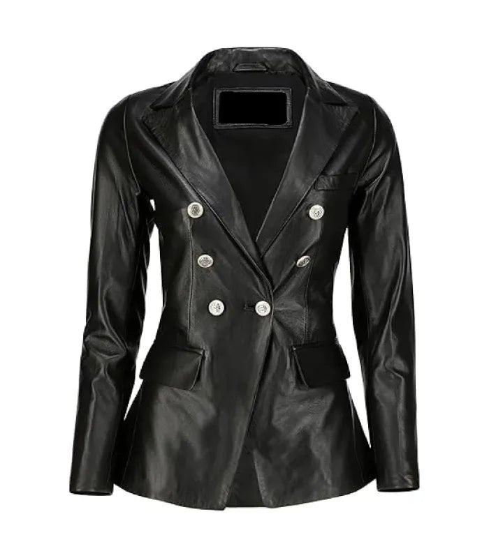 Front view of Womens Double Breasted Black Leather Blazer featuring silver buttons, peak lapels, chest pocket, and flap pockets.