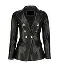 Front view of Womens Double Breasted Black Leather Blazer featuring silver buttons, peak lapels, chest pocket, and flap pockets.