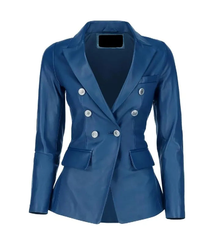 Front view of Womens Double Breasted Blue Leather Blazer featuring silver buttons, peak lapels, chest pocket, and flap pockets.