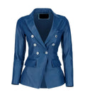 Front view of Womens Double Breasted Blue Leather Blazer featuring silver buttons, peak lapels, chest pocket, and flap pockets.