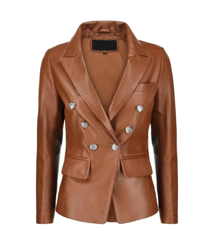Front view of Womens Double Breasted Brown Leather Blazer featuring silver buttons, peak lapels, chest welt pocket, and flap pockets.