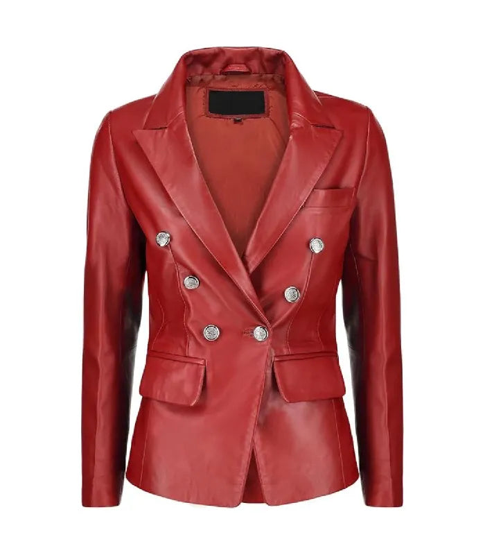 Front view of a Womens Double Breasted Red Leather Blazer with metallic embossed buttons, peak lapels, chest welt pocket, and flap waist pockets.