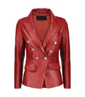 Front view of a Womens Double Breasted Red Leather Blazer with metallic embossed buttons, peak lapels, chest welt pocket, and flap waist pockets.