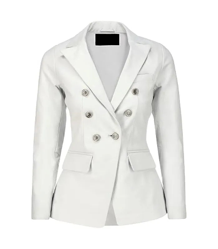 Front view of a Womens Double Breasted White Leather Blazer with metallic embossed buttons, peak lapels, and flap waist pockets.