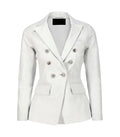 Front view of a Womens Double Breasted White Leather Blazer with metallic embossed buttons, peak lapels, and flap waist pockets.