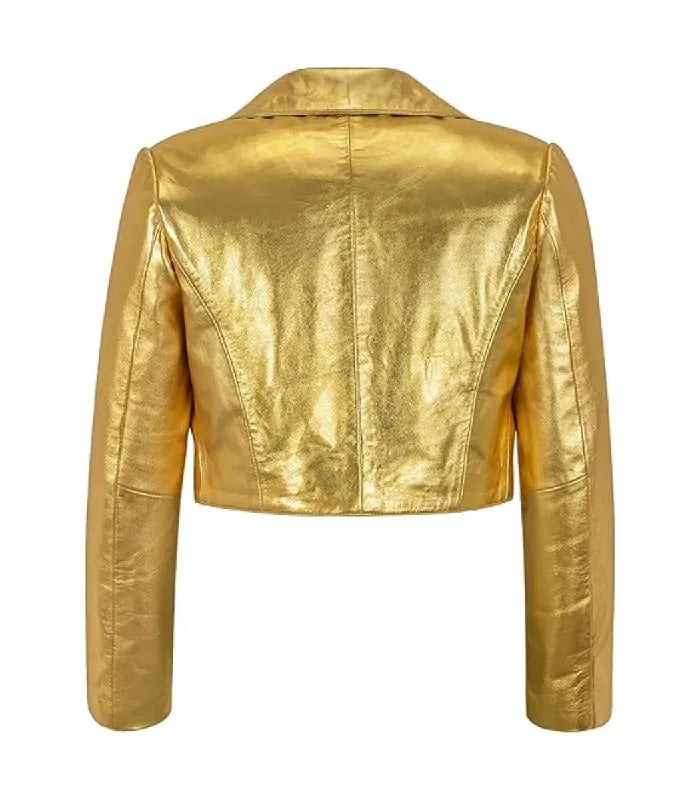 Rear view of Womens Gold Bolero Cropped Leather Jacket featuring vertical center spine seam, shoulder paneling, and cropped waist hemline.