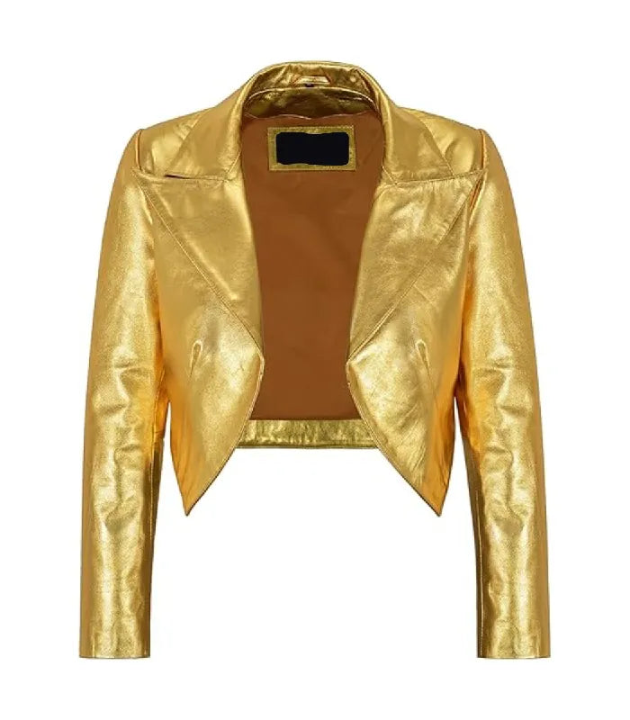 Front view of Womens Gold Bolero Cropped Leather Jacket featuring open-front design, wide lapels, and tailored cropped silhouette.