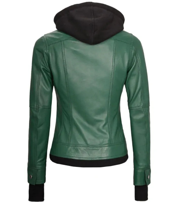 Back view of a women's green hooded leather bomber jacket displaying structured vertical seams, a black fleece hood, and black ribbed cuff hem.