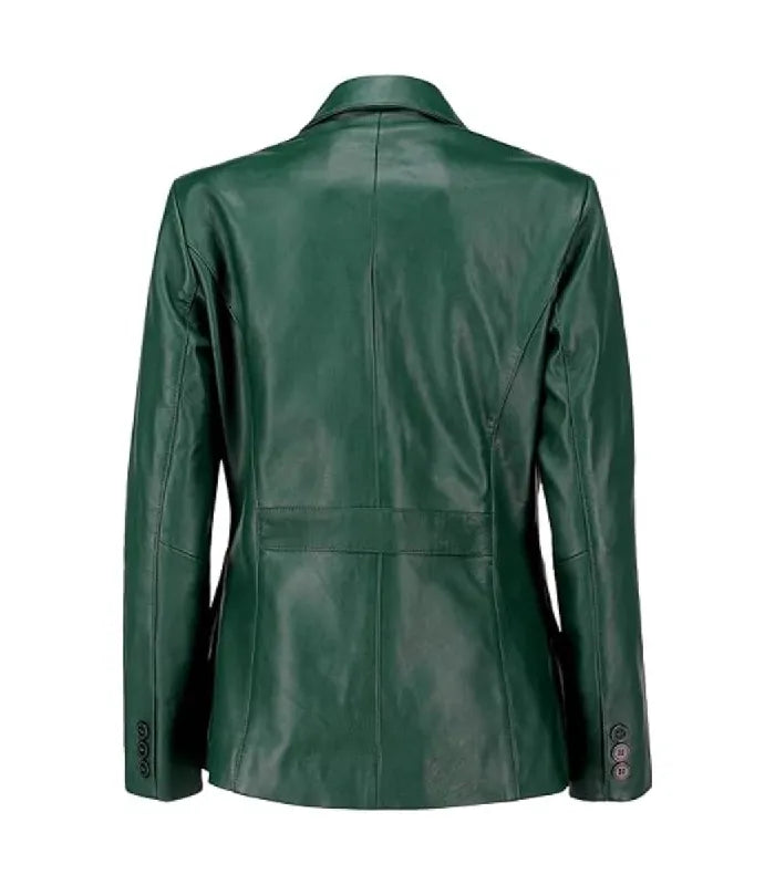 Rear view of a Womens Green Leather Blazer displaying structured vertical panel seams, back waist detailing, and buttoned cuffs.