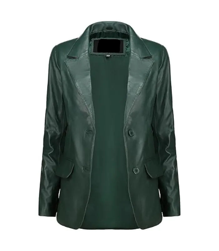 Front open view of a Womens Green Leather Blazer revealing smooth inner lining, wide notch lapels, and flap waist pockets.