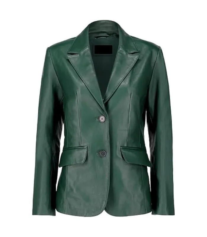 Front view of a Womens Green Leather Blazer featuring notch lapels, two-button closure, and tailored side flap pockets.