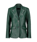 Front view of a Womens Green Leather Blazer featuring notch lapels, two-button closure, and tailored side flap pockets.
