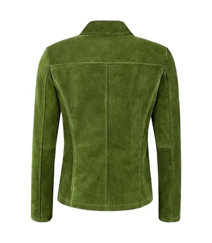 Rear view of Womens Green Suede Leather Blazer featuring a horizontal back yoke panel, center spine seam, and tailored silhouette.