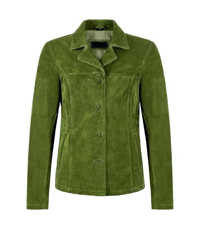 Front view of Womens Green Suede Leather Blazer featuring button closure, notch lapel collar, horizontal yoke stitch, and side welt pockets.