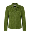 Front view of Womens Green Suede Leather Blazer featuring button closure, notch lapel collar, horizontal yoke stitch, and side welt pockets.