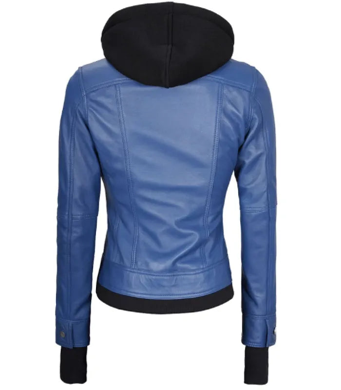 Back view of a women's blue leather hooded bomber jacket showcasing structured panel stitching, a black fleece hood, and ribbed waistband.