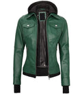 Front open view of a women's green hooded leather bomber jacket showing contrast black hood layer, flap chest pockets, and side zippered pockets.