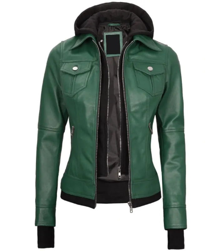 Front open view of a women's green hooded leather bomber jacket showing contrast black hood layer, flap chest pockets, and side zippered pockets.