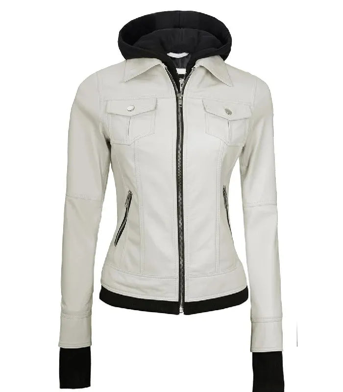 Full front zipped view of a women's white hooded leather bomber jacket with silver metal zippers, buttoned flap chest pockets, and a black fleece hood.