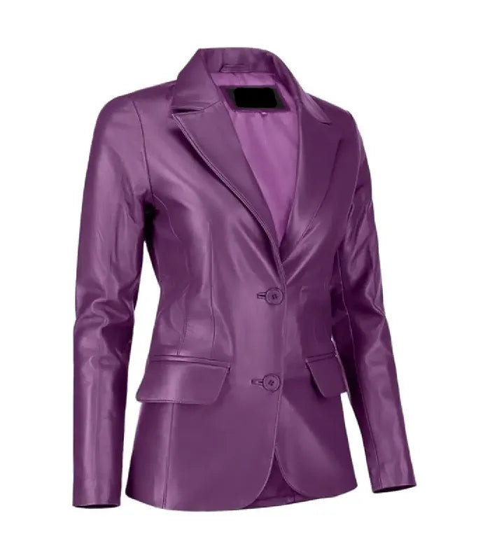 Three-quarter angle view of a Womens Purple Leather Blazer showing a sleek slim-fit silhouette, classic lapels, and flap pockets.