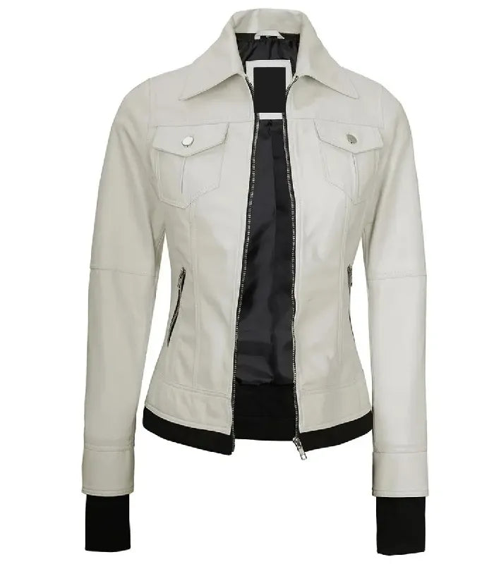 Front view of a women's white leather bomber jacket without the hood, featuring a sharp pointed collar, silver zip closure, dual chest pockets, and black ribbed trim.