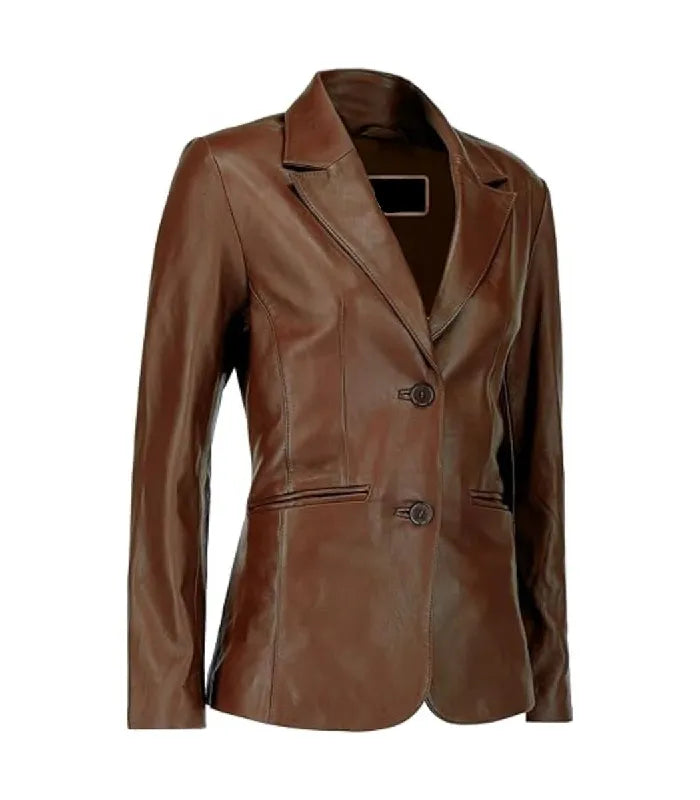 Three-quarter angle view of a Womens Dark Brown Leather Blazer displaying classic notch lapels, a tailored silhouette, and side flap pockets.