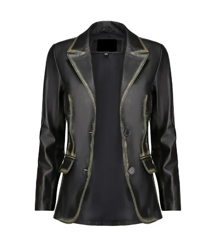 Front open view of a Womens Distressed Black Leather Blazer revealing smooth inner lining, notch lapels, and side flap pockets.