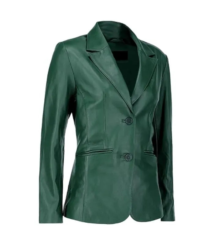 Three-quarter angle view of a Womens Green Leather Blazer showing a sleek slim-fit silhouette, classic lapels, and flap pockets.