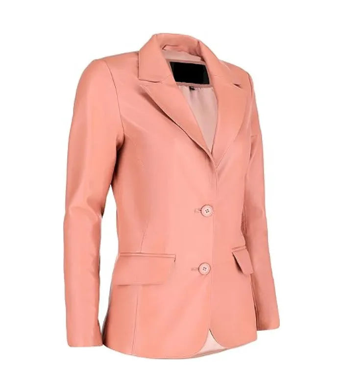 Three-quarter angle view of a Womens Pink Leather Blazer showing a sleek slim-fit silhouette, classic lapels, and flap pockets.