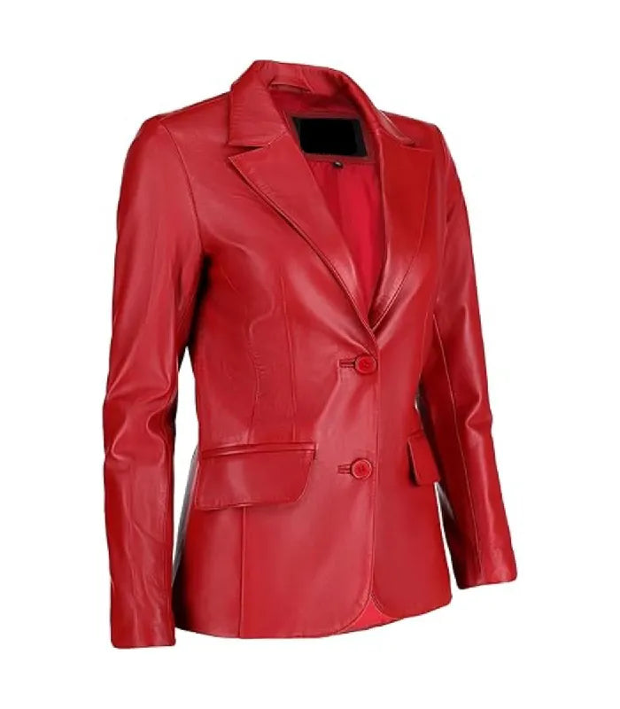 Three-quarter angle view of a Womens Red Leather Blazer showing a sleek slim-fit silhouette, classic lapels, and flap pockets.