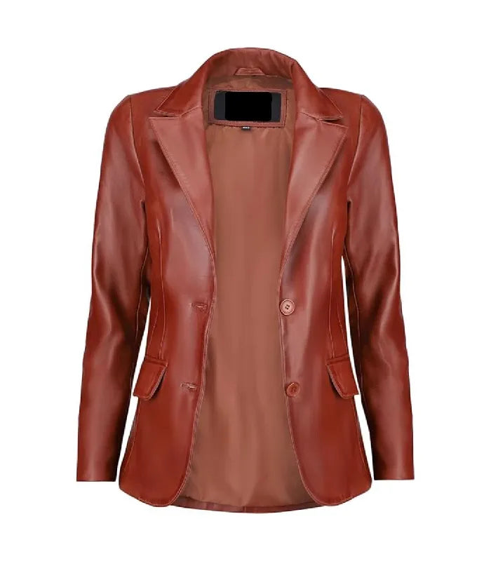 Front open view of a Womens Tan Leather Blazer revealing a matching inner viscose lining, wide notch lapels, and flap waist pockets.