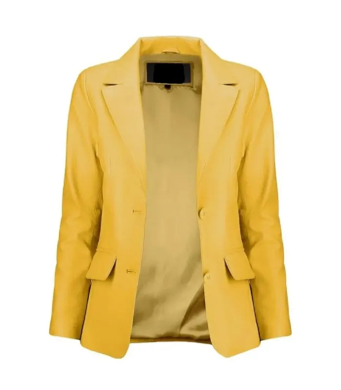 Front open view of a women's yellow leather blazer revealing smooth inner lining, wide notch lapels and flap pockets.