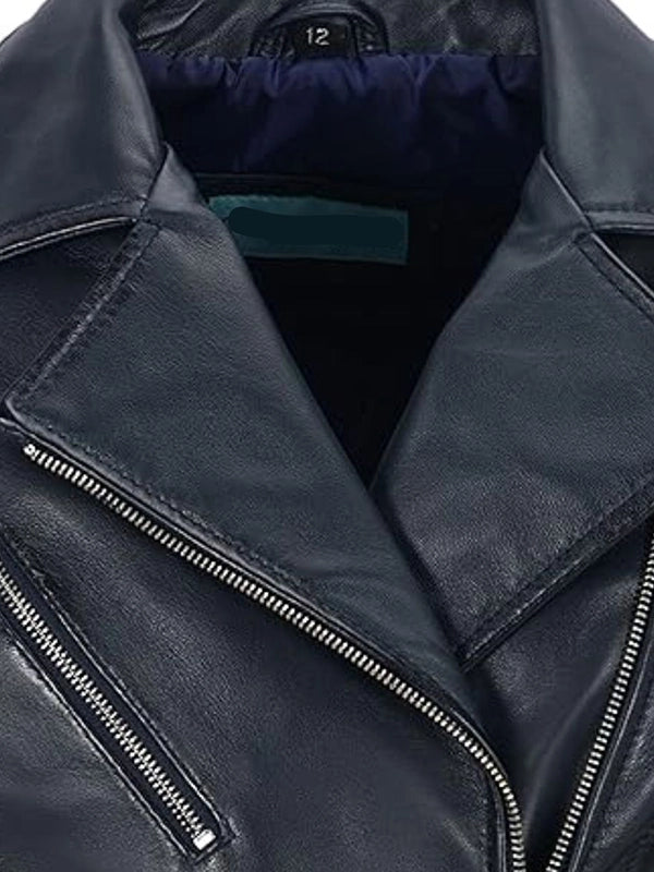 Womens Navy Leather Biker Jacket