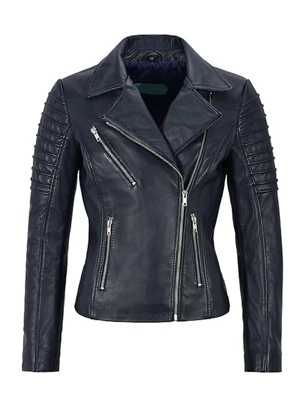 Womens Navy Leather Biker Jacket