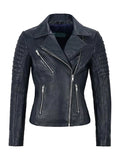 Womens Navy Leather Biker Jacket