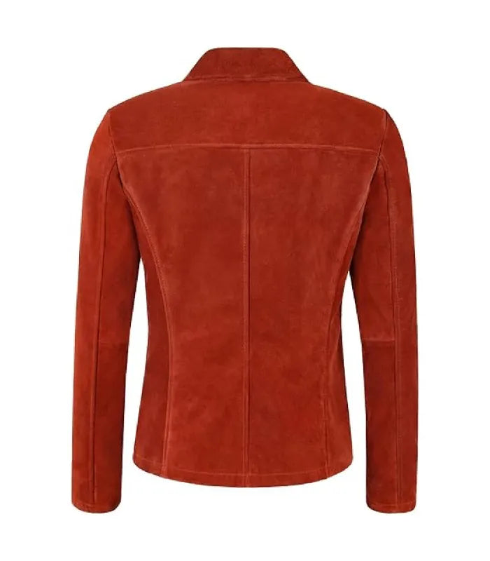 Rear view of Womens Orange Suede Leather Blazer featuring a horizontal back yoke panel, center spine seam, and tailored silhouette.