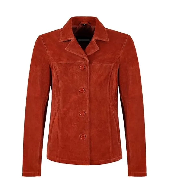 Front view of Womens Orange Suede Leather Blazer featuring button closure, notch lapel collar, horizontal yoke stitch, and side welt pockets.