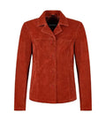 Front view of Womens Orange Suede Leather Blazer featuring button closure, notch lapel collar, horizontal yoke stitch, and side welt pockets.