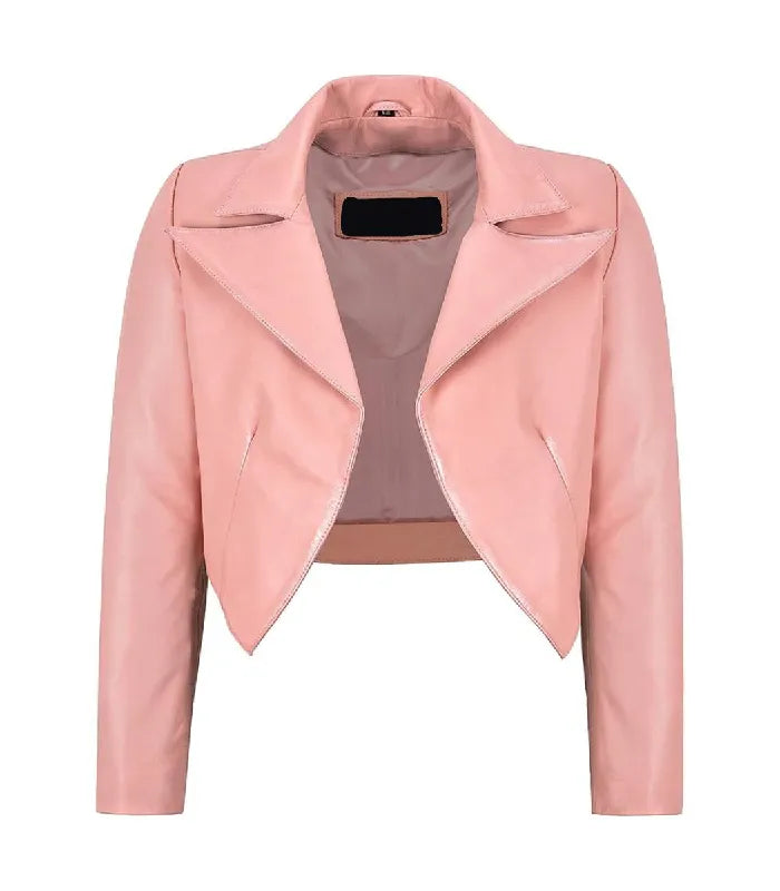 Front view of Womens Pink Bolero Cropped Leather Jacket featuring open-front design, wide peak lapels, and tailored cropped silhouette.