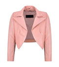 Front view of Womens Pink Bolero Cropped Leather Jacket featuring open-front design, wide peak lapels, and tailored cropped silhouette.